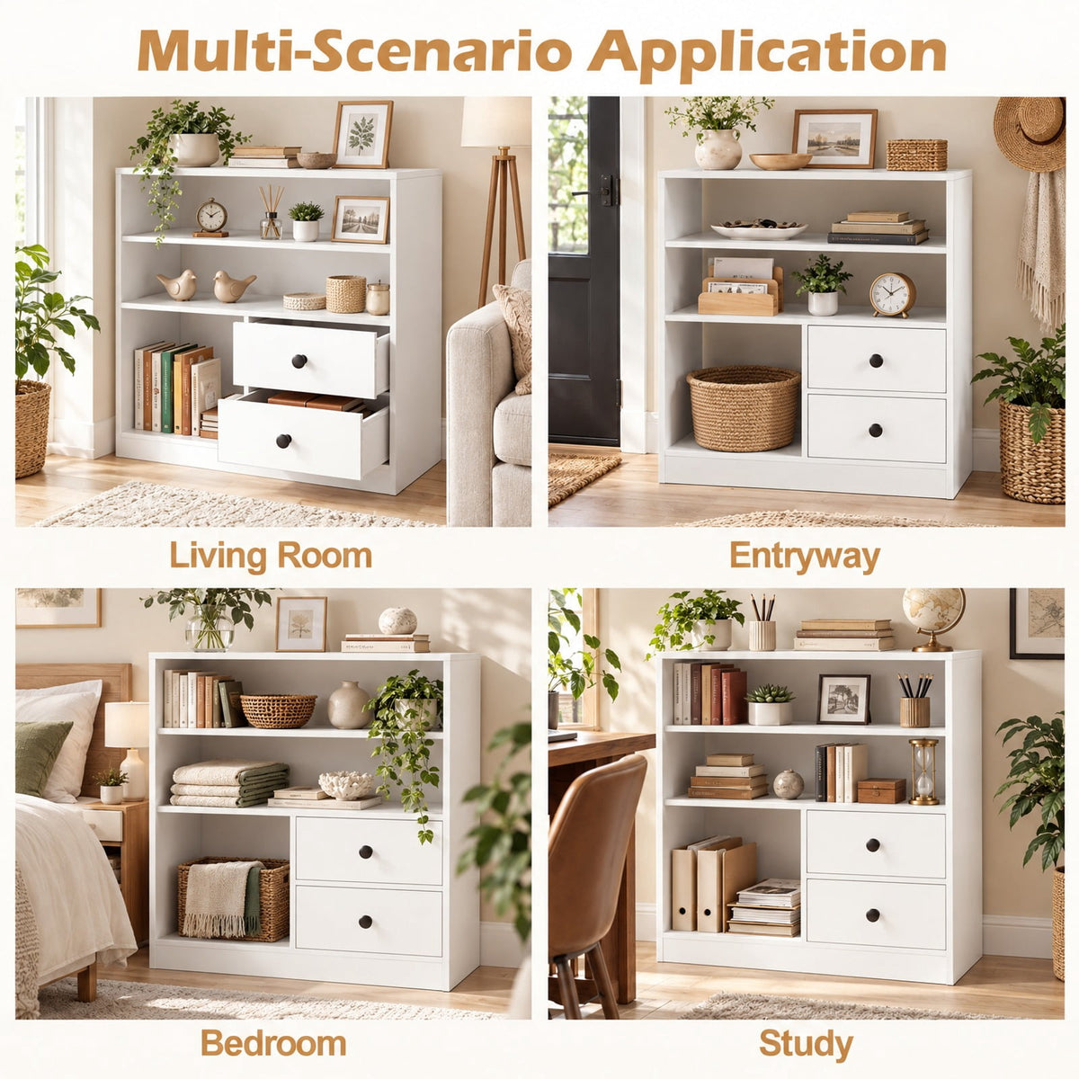 Airfind Open Storage Cabinet with 3 Open Compartments and 2 Drawer, 44 lbs Capacity, Engineered Wood Fabric Frame, 27.5 x 12 x 27.5 Footprint