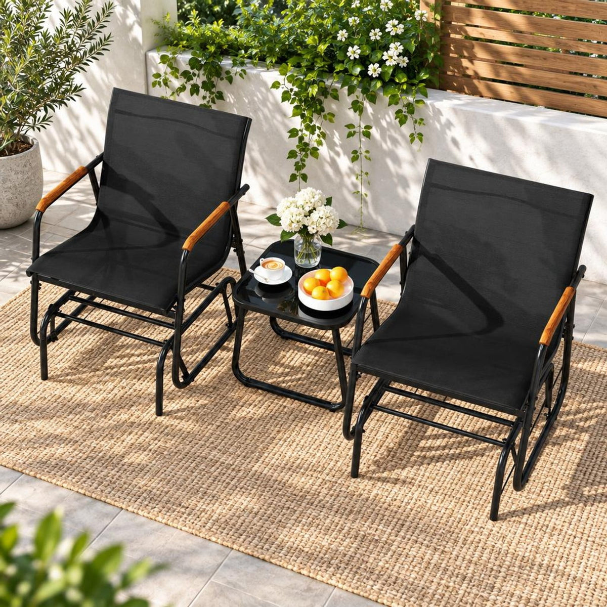 Airfind 3-Piece Outdoor Glider Bistro Set with Tempered Glass Top and Metal Frame, 22 x 18Weight Footprint, Black