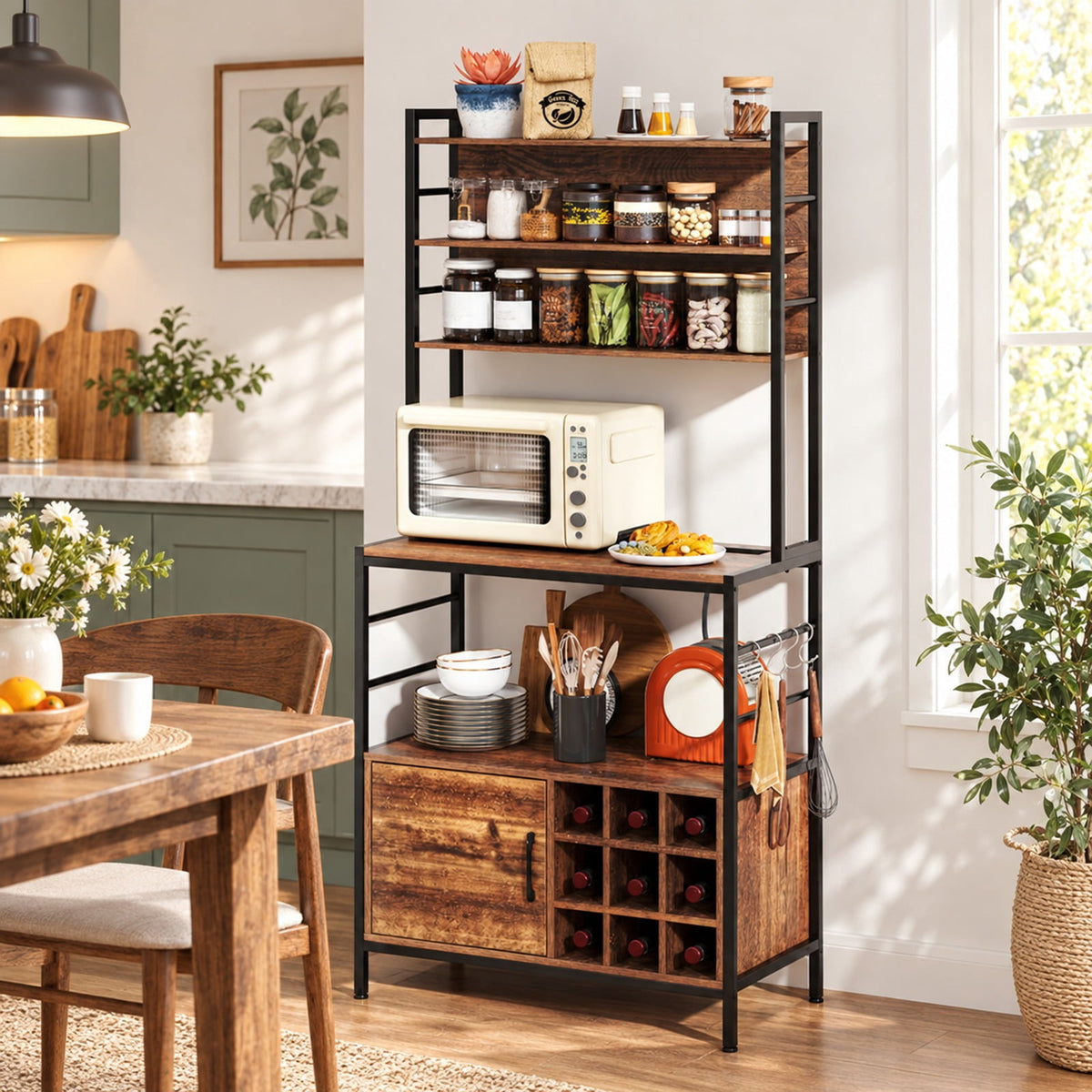 Airfind Coffee Bar Cabinet with S-Shaped Hooks and Wine Bottle Holders, Upper Shelf 44 lbs Capacity, Engineered Wood Metal Frame, Coffee