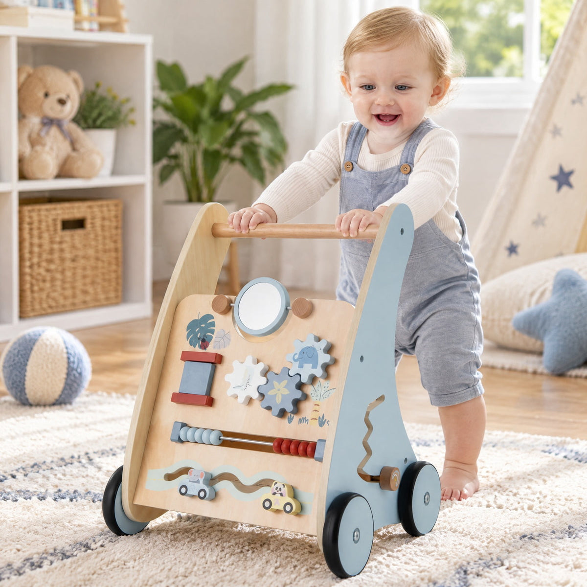 Airfind Wooden Baby Push and Pull Walker with Multi, Lotus Wood Engineered Wood Frame, for 3+ Years Old, 14in x 12in x 18in Footprint, Blue