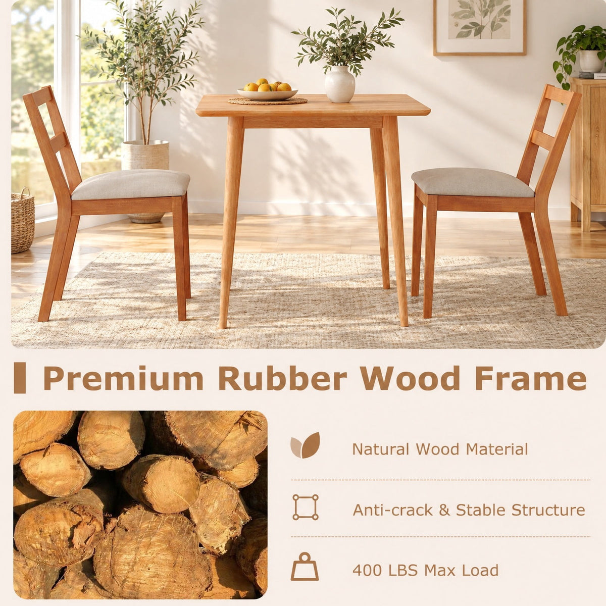Airfind Wooden Dining Chair Set of 2 Farmhouse Kitchen Chair with Upholstered Seat, 400 lbs Capacity, Rubber Wood Frame, Brown