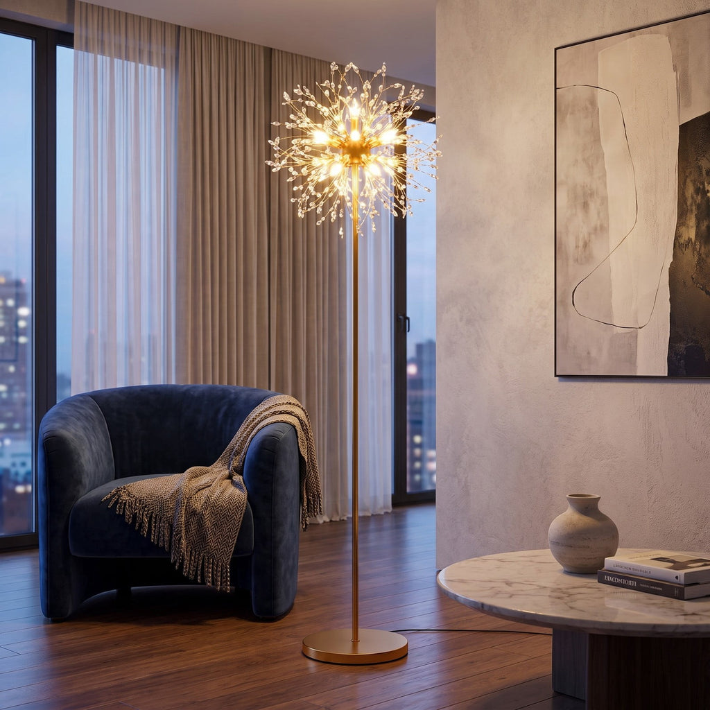 Airfind 63-Inch Crystal Floor Lamp with Acrylic Crystals, Metal Acrylic Stainless Steel Frame, 11in x 63in Cord Length 6.9 ft Footprint, Gold