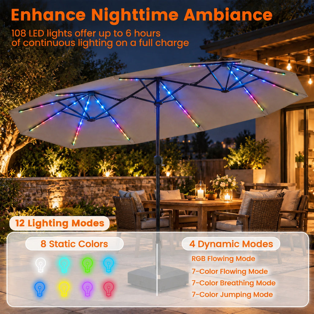 Airfind 13 FT Double-Sided Patio Umbrella with Color-Changing Flowing Solar LED Lights, Polyester Fabric Metal Frame, 13 x 7 ft Footprint, Brown