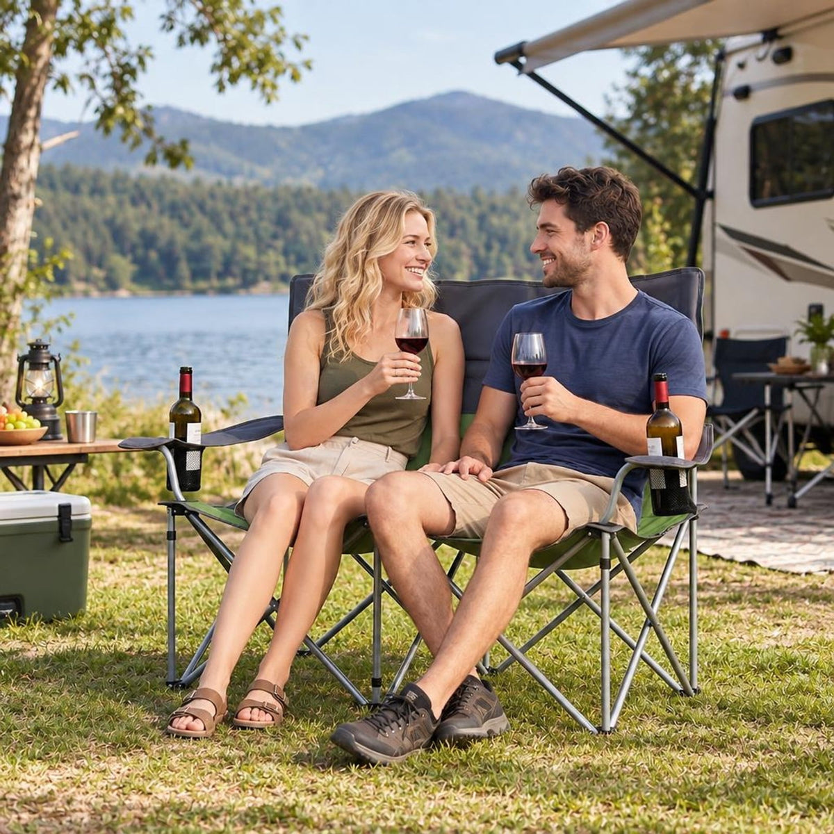 Airfind Double Camping Chair with Carry Bag Cup Holders, 660 lbs Capacity, Metal Oxford Fabric Sponge, 40 Inch x 20.5 Inch x 36.5 Inch , Green