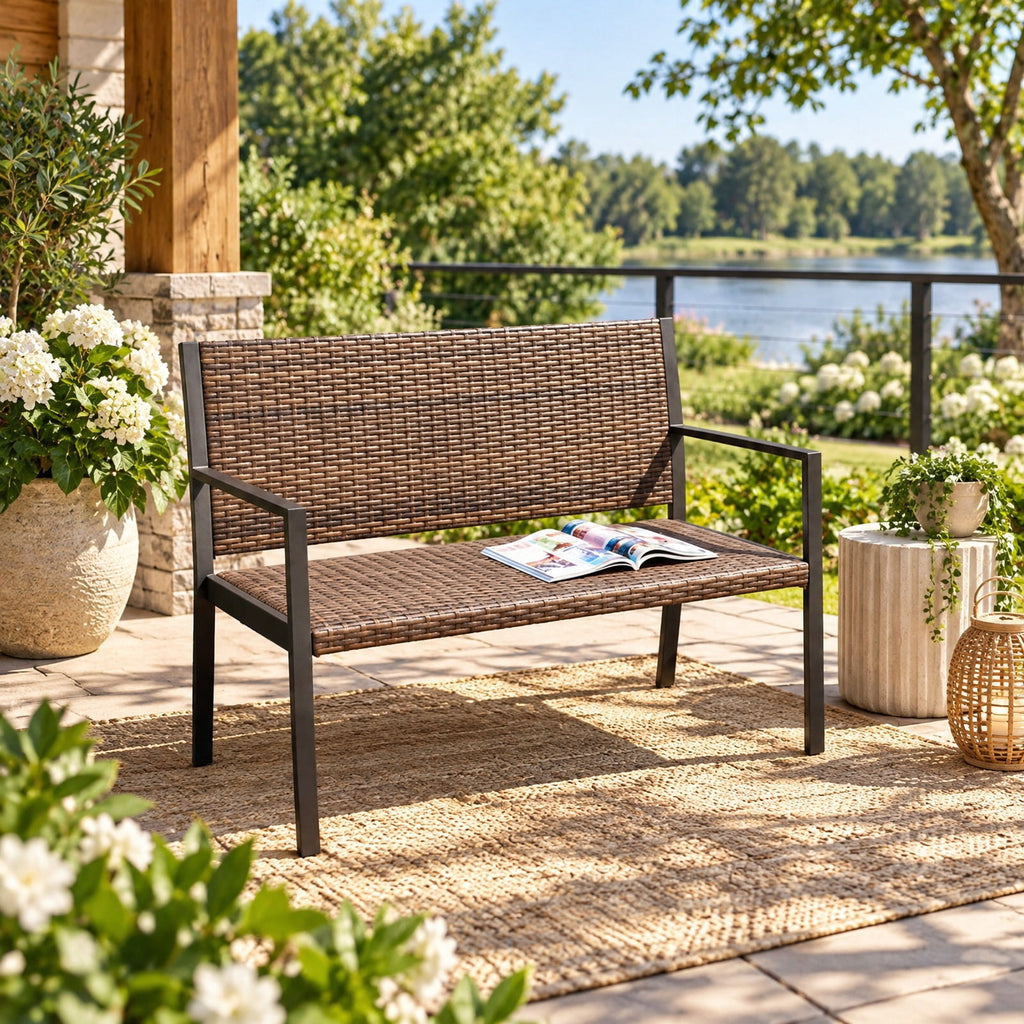 Airfind Patio Sun-Proof Rattan Loveseat with Soft Sponge Seat, 800 lbs Capacity, PE Rattan Metal Sponge Frame, 43 x 22 x 33 Footprint, Brown