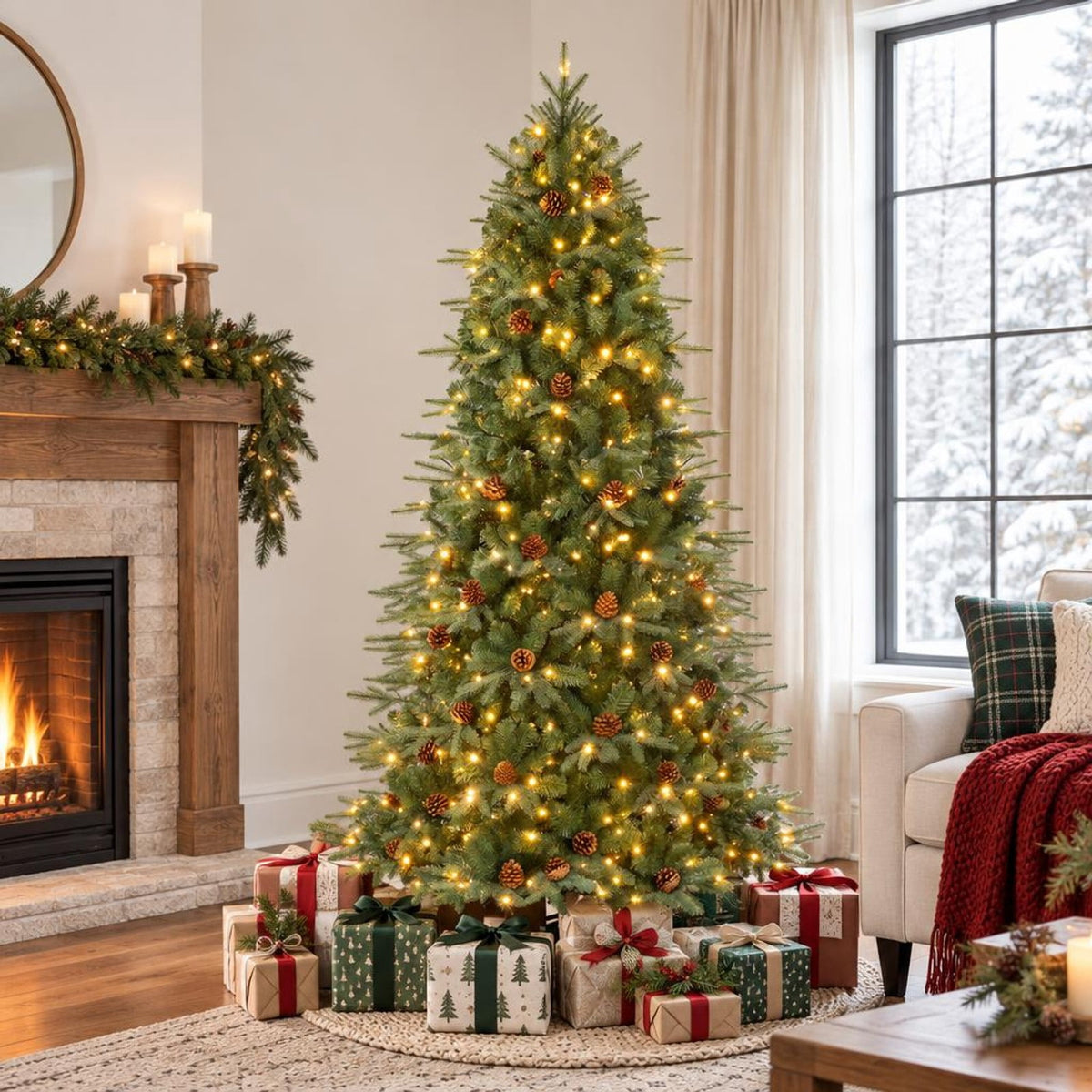 Airfind 7 ft Pre-Lit Artificial Christmas Tree with 460 Warm White LED Lights, 61 Pine Cones, 925 Branch Tips and Folding Metal Stand, Green
