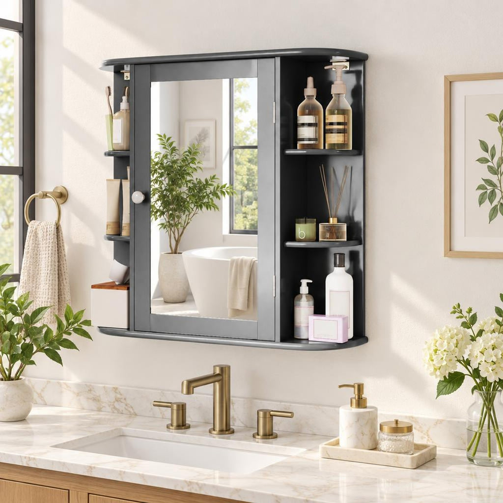 Airfind Multipurpose Mount Wall Surface Bathroom Storage Cabinet with Mirror, 44 lbs Capacity, MDF Frame, Gray
