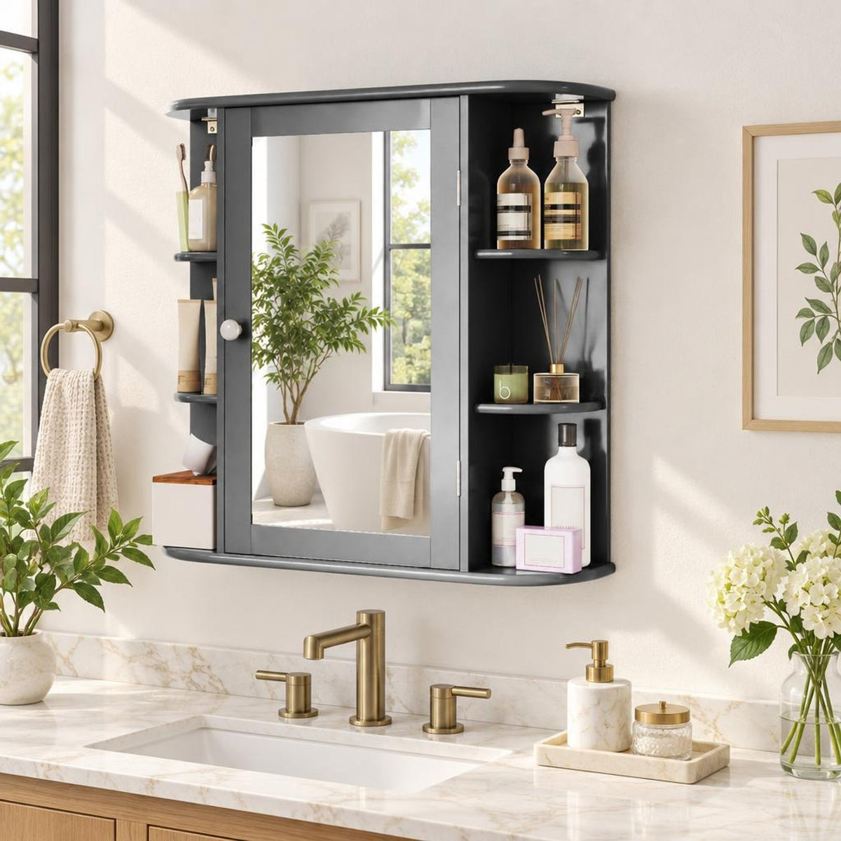 Airfind Multipurpose Mount Wall Surface Bathroom Storage Cabinet with Mirror, 44 lbs Capacity, MDF Frame, Gray