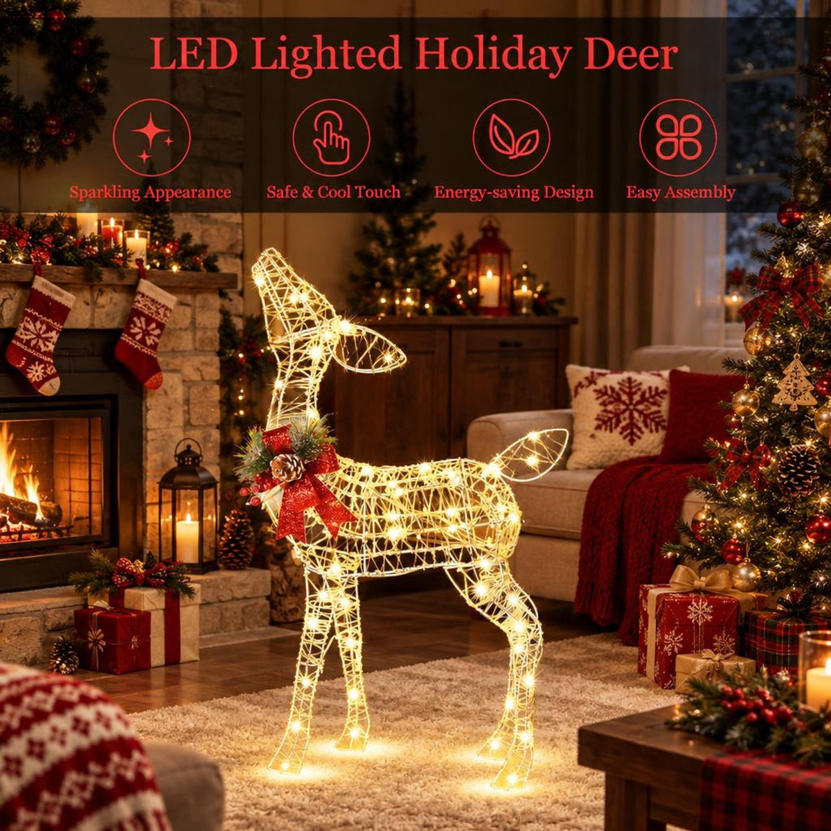 Airfind 34.5 Inch Lighted Christmas Reindeer Decoration with 50 Warm White LED Lights, White, Dimension 20.5 Inch x 8 Inch x 34.5 Inch (L x W x H)