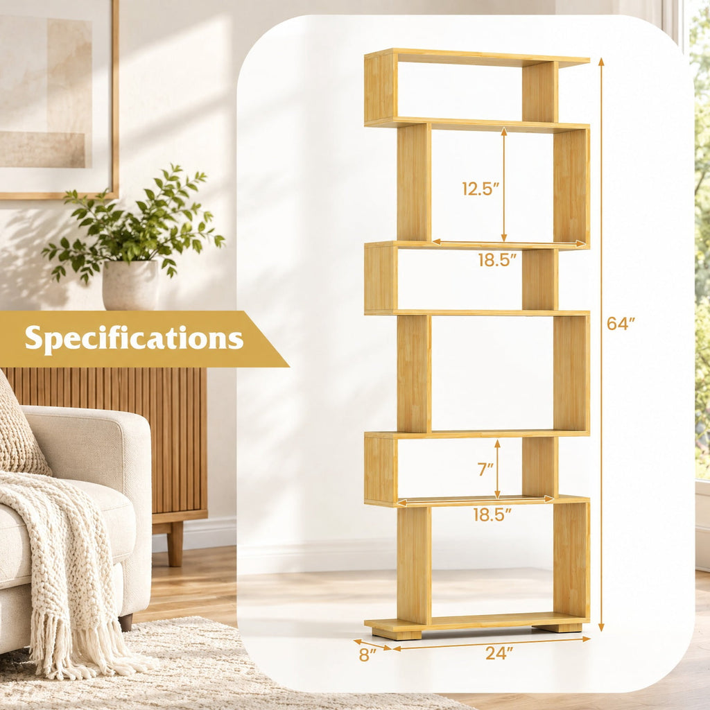 Airfind 6-Tier Geometric Bookshelf with 2 Anti-Tipping Kits for Home Office, 11 lbs Capacity, Engineered Wood Frame, 24 x 8 x 64 Footprint, Wood