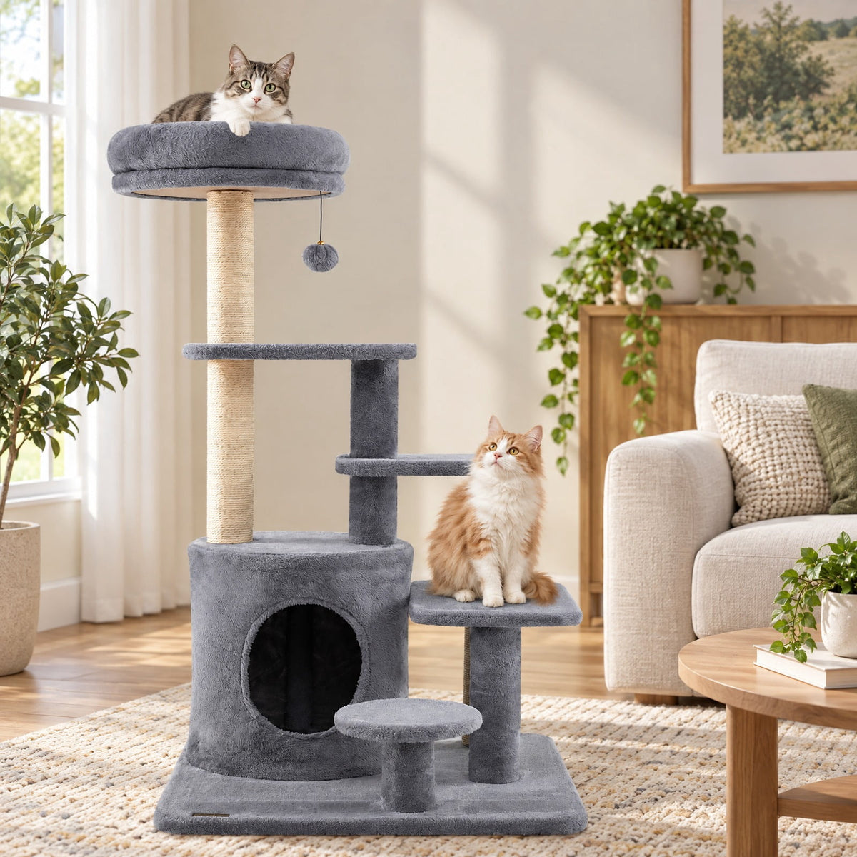 Airfind 40 Inch Multi-level Cat Tower with Condo and Dangling Jingle Ball, 33 lbs Capacity, Engineered Wood Sisal Plush Fabric Frame, Gray