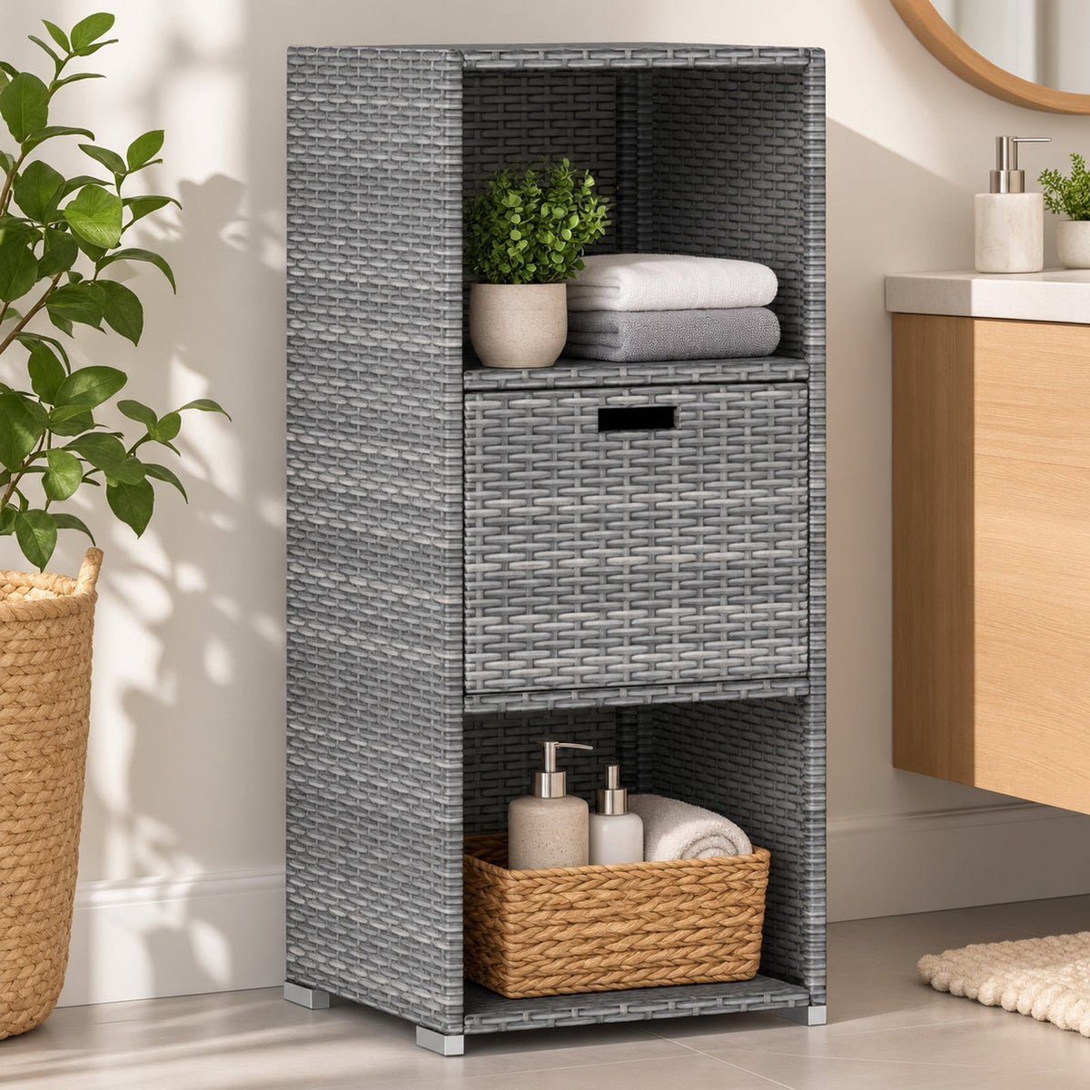 Airfind Outdoor Storage Cabinet Patio Wicker Organizer with Drawer, PE Rattan Metal Frame, 19.5 x 19.8 x 43 Footprint, Gray