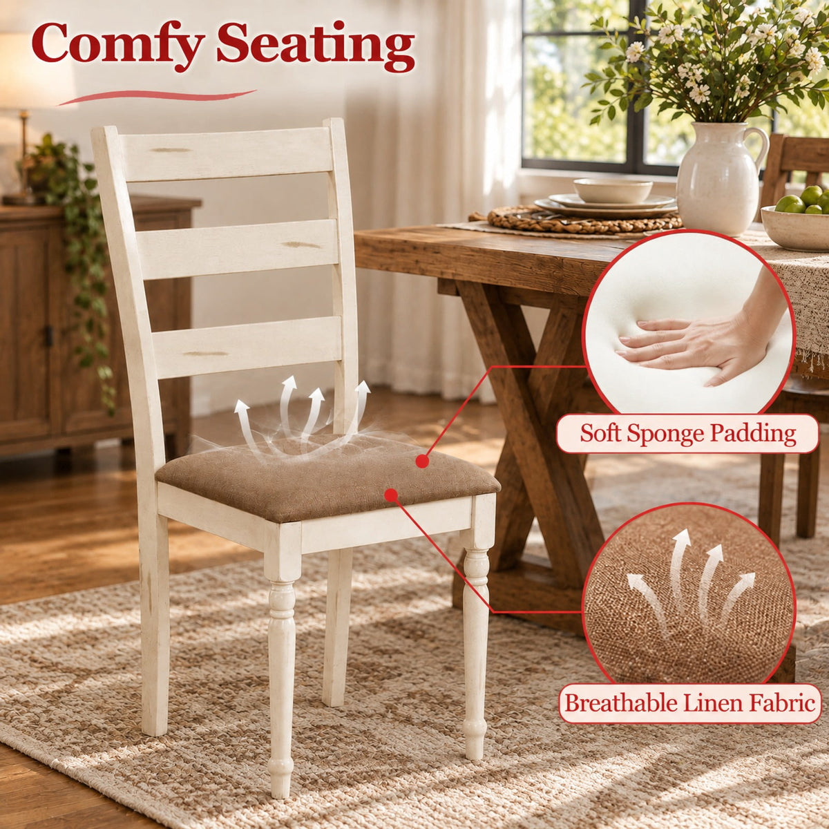 Airfind Rubber Wood Dining Chairs Set of 4 with Padded Linen Seat and Slatted Backrest, 330 lbs Capacity, Rubber Wood Sponge Fabric Frame, White