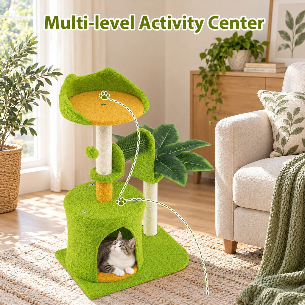 Airfind Cute Palm Cat Tree, for Indoor Cats with Artificial Leaves, Engineered Wood EVA Sisal Teddy Fleece Frame, 19 Inch x 13 Inch x 31 Inch Perch, Green