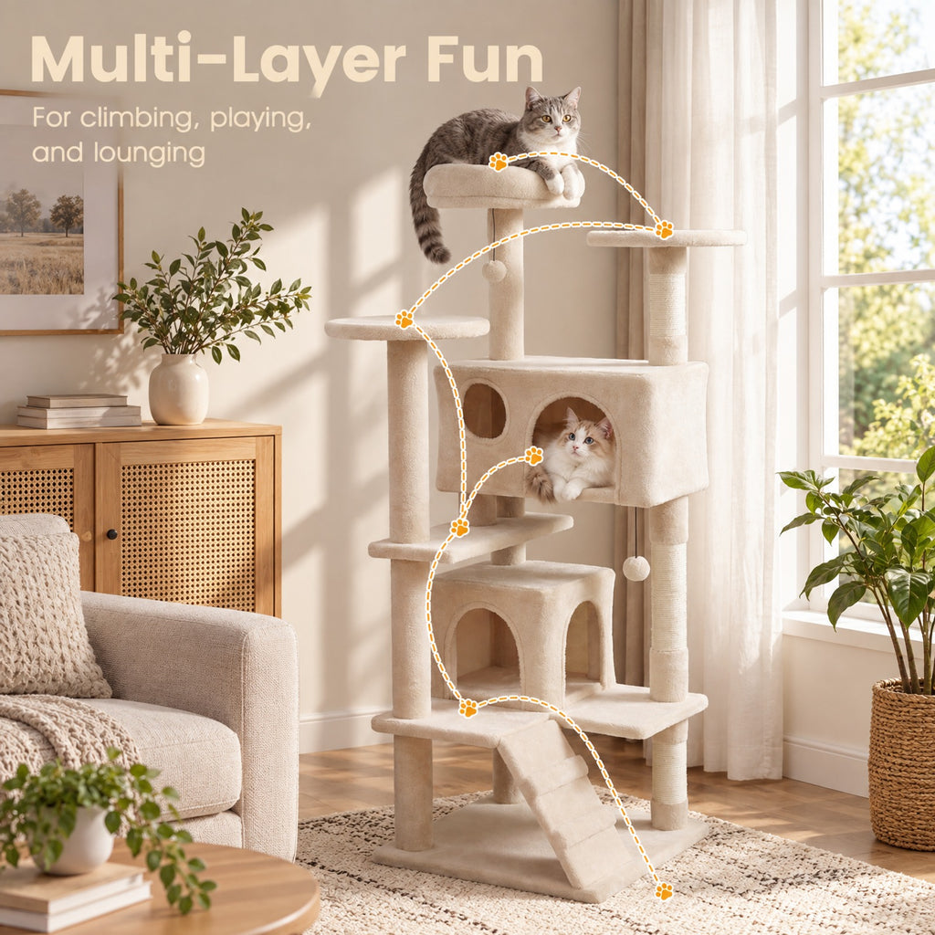 Airfind 52 Inch Tall Cat Tree Tower for Indoor Cats, 22 lbs Capacity, Engineered Wood Sponge Plush Fabric Sisal Frame, Beige