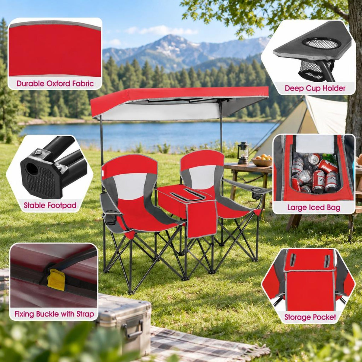 Airfind Patented Portable Folding Camping Canopy Chairs with Cup Holder, Steel oxford fabric Frame, 55.5 x 28.5 x 59.5 (L x W x H) The Footprint