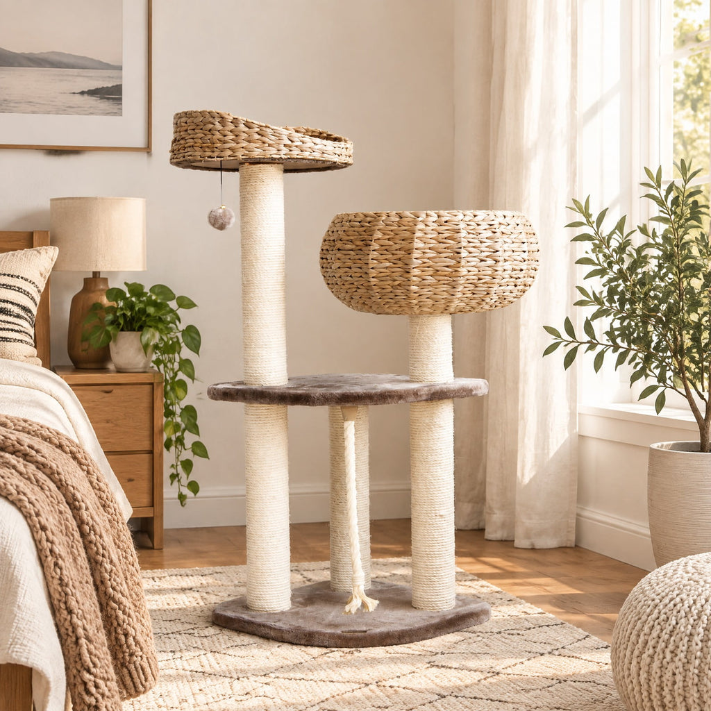 Airfind 41 Inch Rattan Cat Tree with Napping Perch, Water hyacinth straw sisal rope particle board Frame, Brown