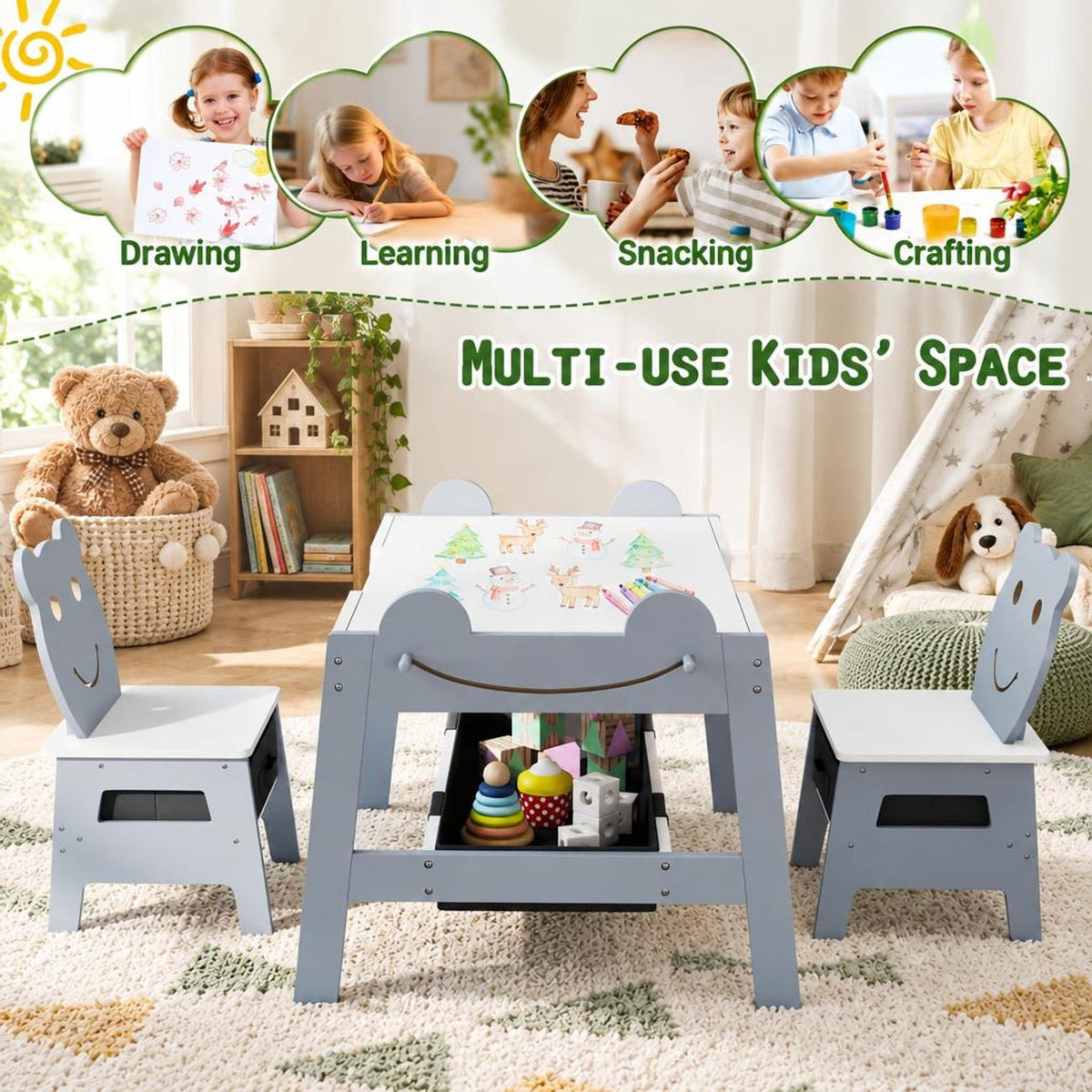 Airfind 5-in-1 Toddler Table and 2 Chairs Cute Art Desk Set with Reversible Chalkboard Whiteboard, 110 lbs Capacity, MDF Non-woven Fabric Frame