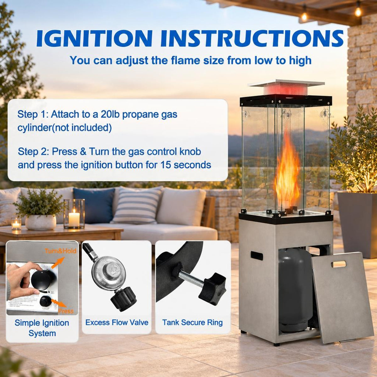 Airfind 41 000 BTU Propane Patio Heater with Metal Hood, 15.5 x 15.5 x 62 (L x W x H) Heat Output: 41 000 BTU Footprint, Gray