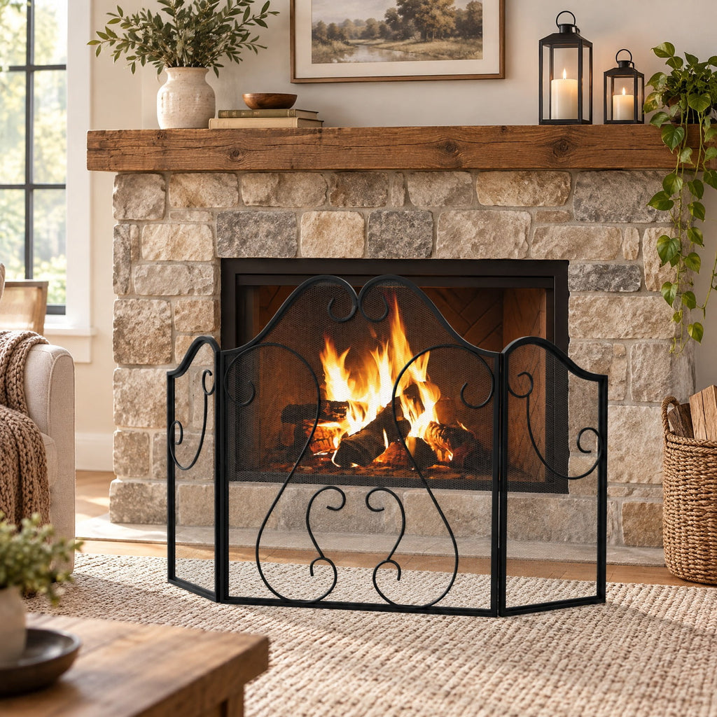 Airfind 3 Panel Fireplace Screen Foldable Spark Guard Cover with Decorative Scroll, Metal Frame, 40 × 24 Footprint, Black