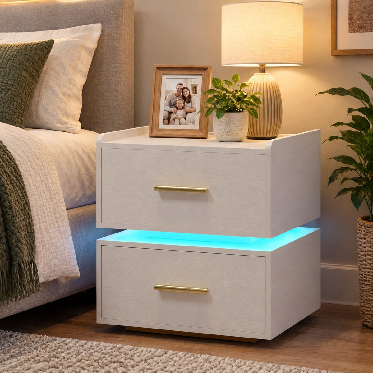 Airfind Nightstand with Charging Station LED Bedside Table with 2 Storage Drawers, 77 lbs Capacity, Engineered Wood MDF Metal Frame, White