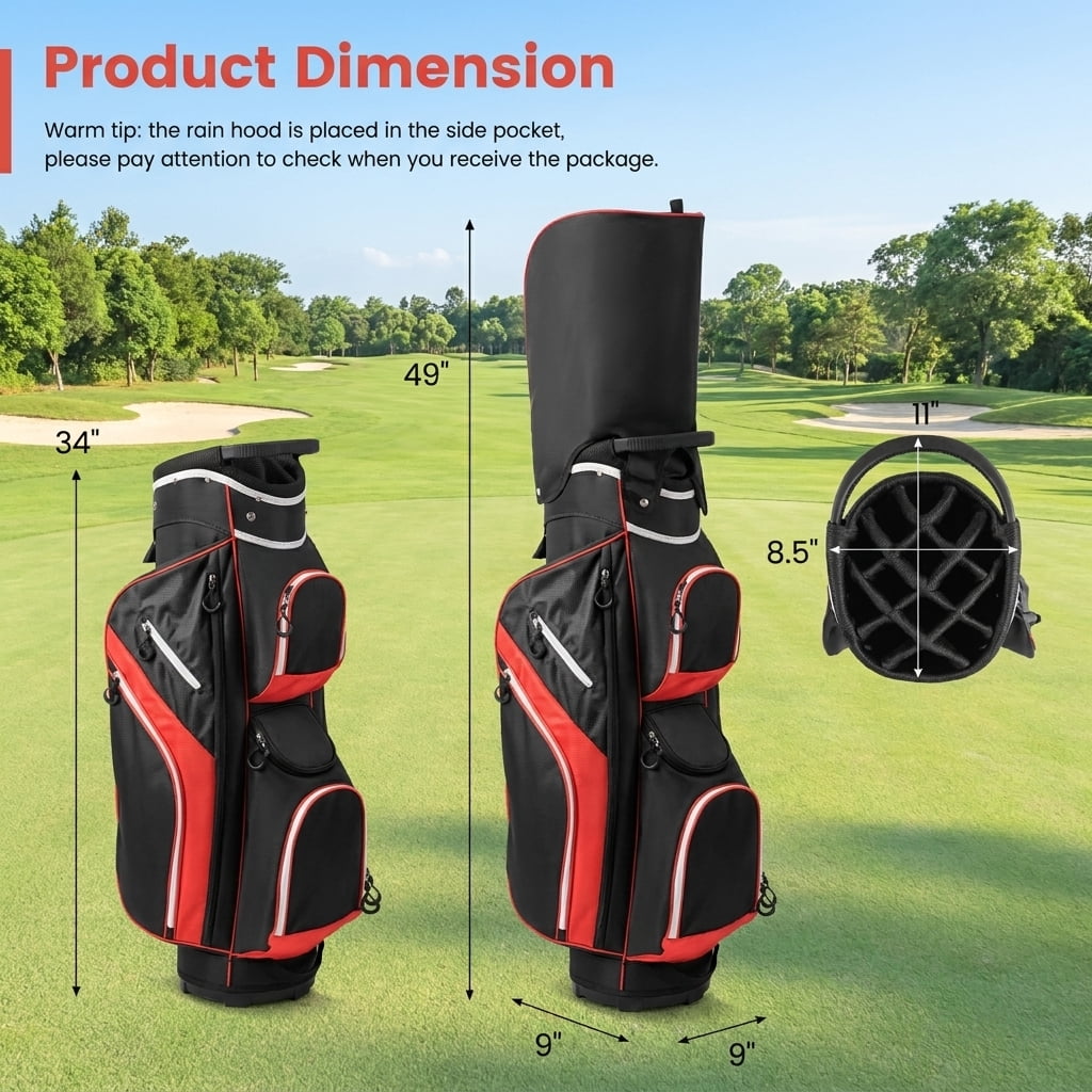 Airfind 14-Way Cart Bag with Rain Hood, Towel Ring and 9 Zippered Pockets, Red