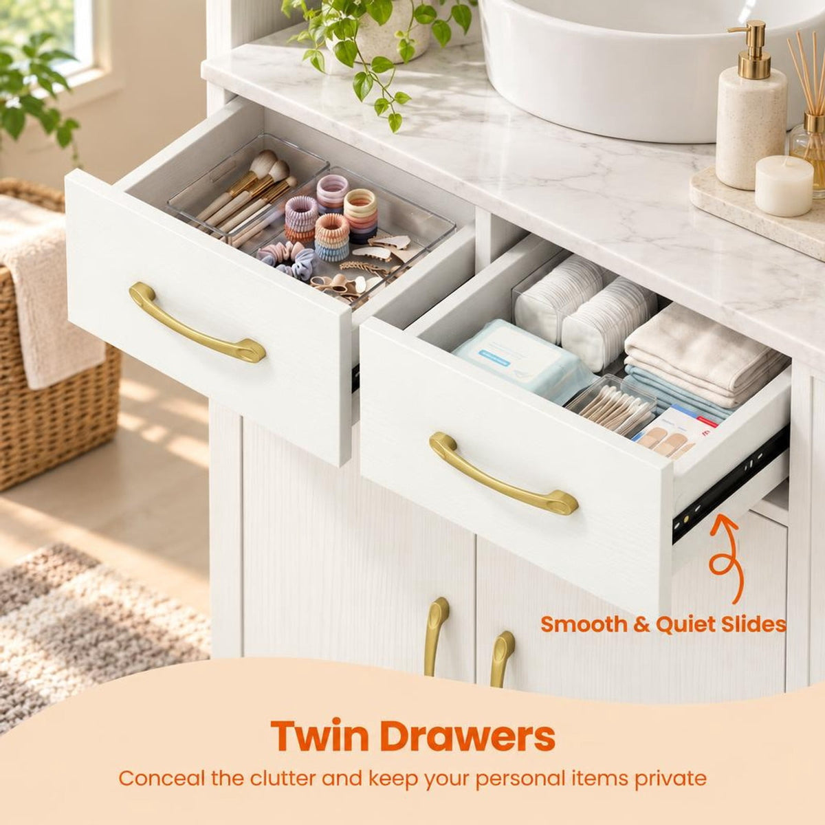 Airfind Bathroom Storage Cabinet Freestanding Floor Cabinet with 2 Drawers and 2 Doors, 44 lbs Capacity, Engineered Wood Metal Frame, White