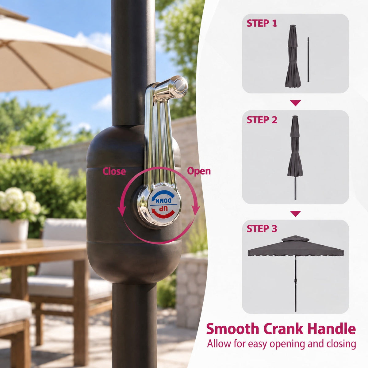 Airfind 9 FT Solar LED Patio Umbrella Push-Button Tilt and Crank 24 LED Lights and 8 Ribs, Polyester Fabric Metal Frame, 9 x 8.2 ft Footprint, Gray