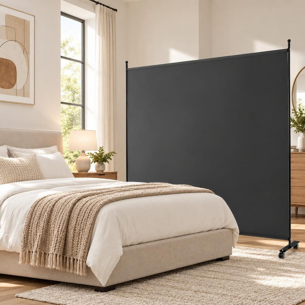 Airfind 6 Feet Single Panel Rolling Room Divider with Smooth Wheels, Metal polyester Frame, 73 x 12 x 73 Footprint, Dark Gray
