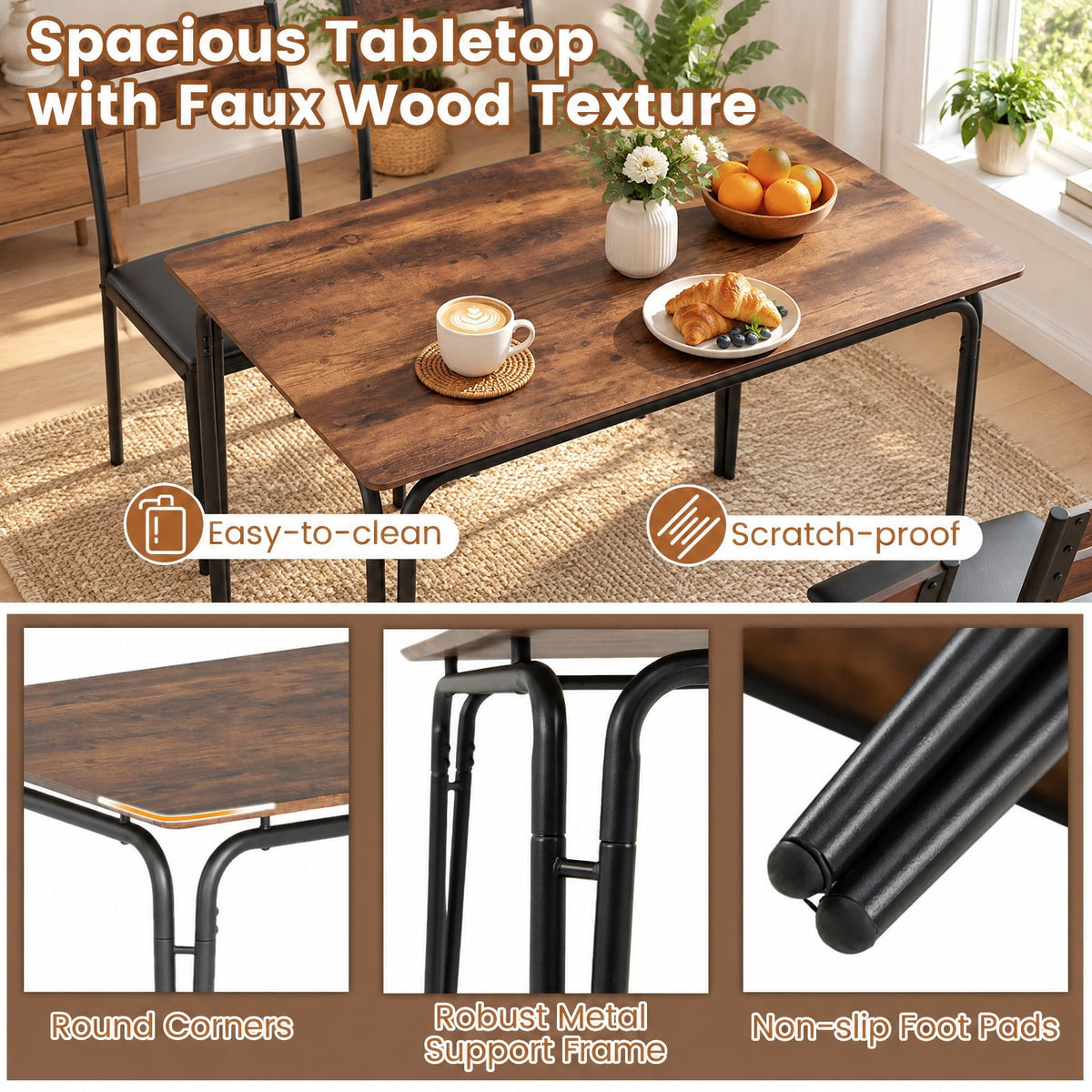 Airfind 5-Piece Dining Table Set Industrial Rectangular Kitchen Table and 4 Armless Chairs, 220 lbs Capacity, MDF Metal PU Leather Sponge Frame