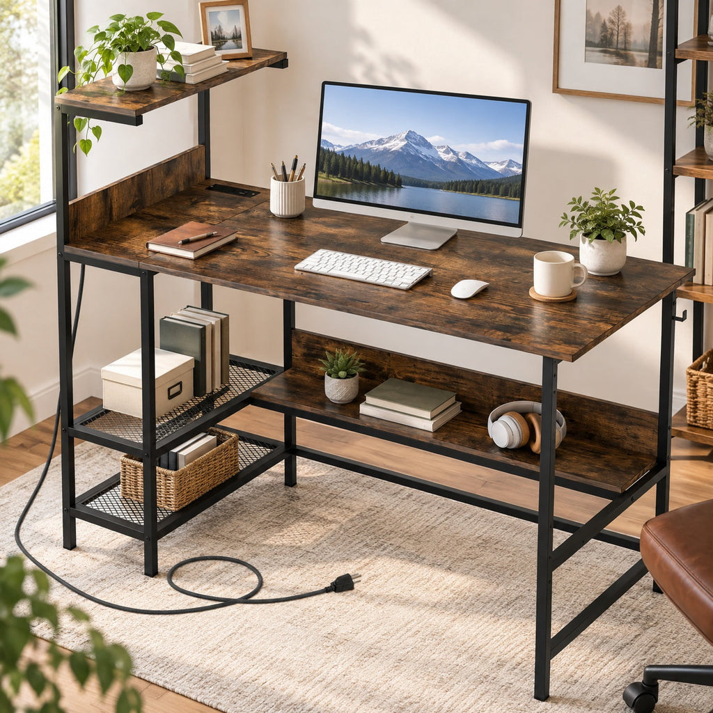 Airfind 48 Inch Computer Desk with Power Outlets and Storage Shelves, 88 lbs Capacity, Engineered Wood Metal Frame, 48 Inch x 23 Inch x 43.5 Inch Footprint