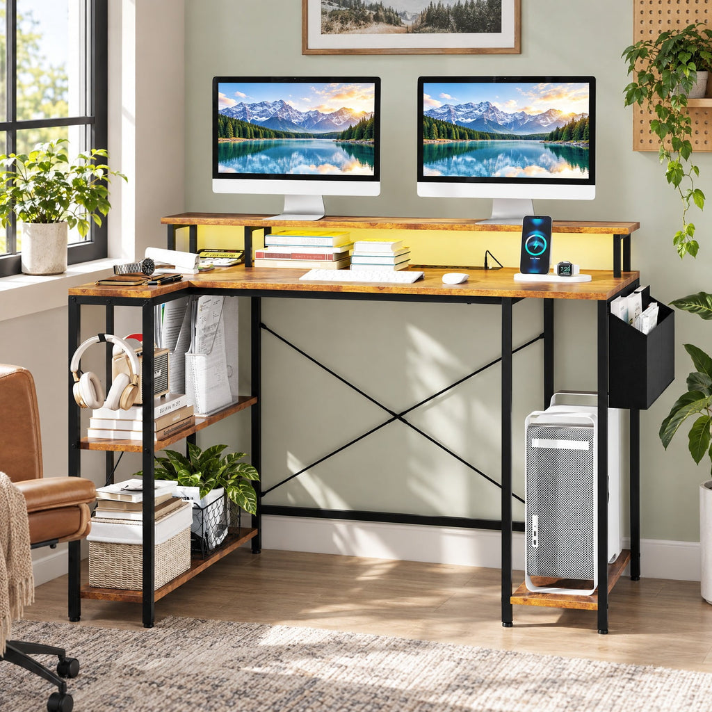 Airfind L-Shaped Gaming Desk with LED Lights and Power Outlets, 200 lbs Capacity, Engineered Wood Metal Frame, 48 x 31.5 x 34.5 Footprint, Brown
