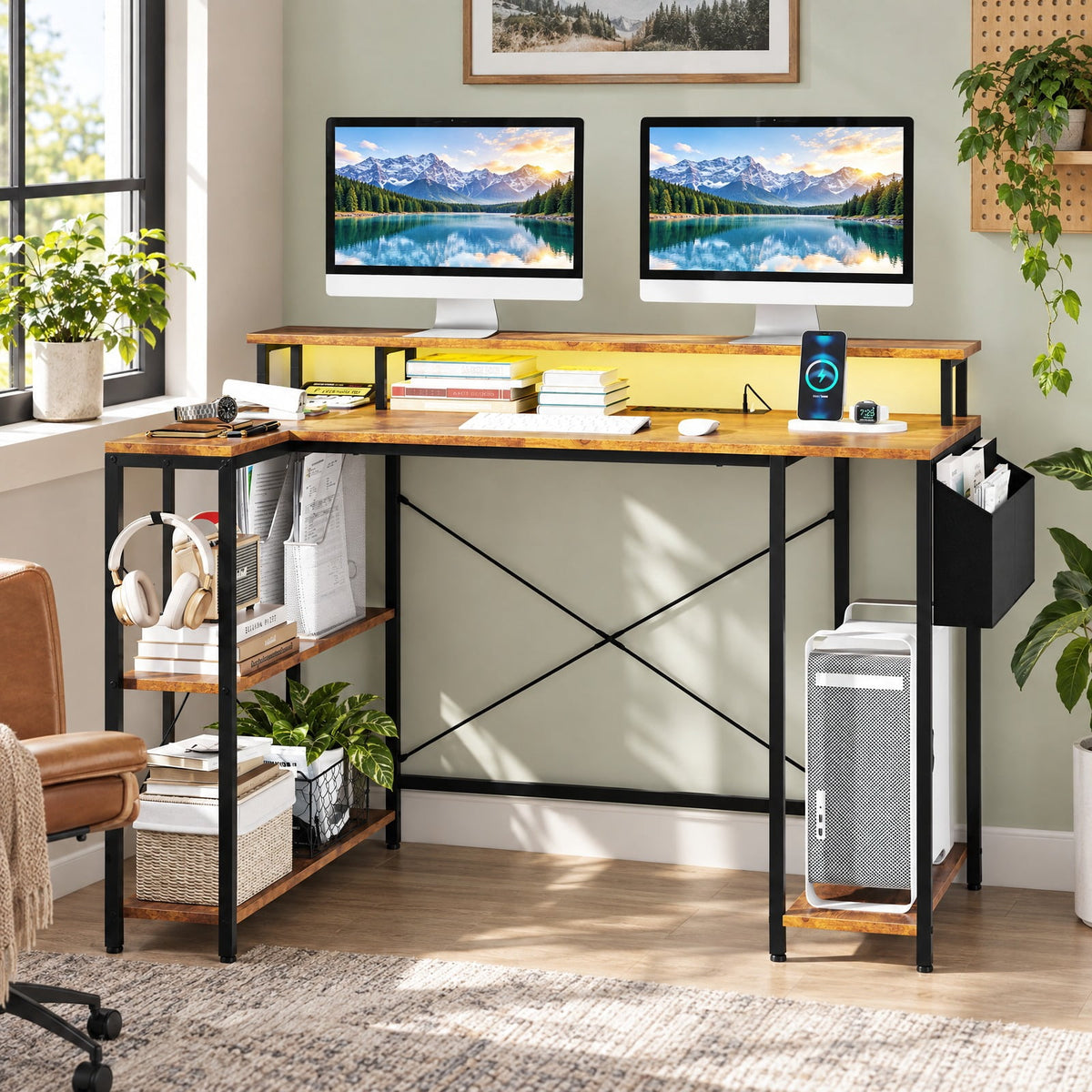 Airfind L-Shaped Gaming Desk with LED Lights and Power Outlets, 200 lbs Capacity, Engineered Wood Metal Frame, 48 x 31.5 x 34.5 Footprint, Brown