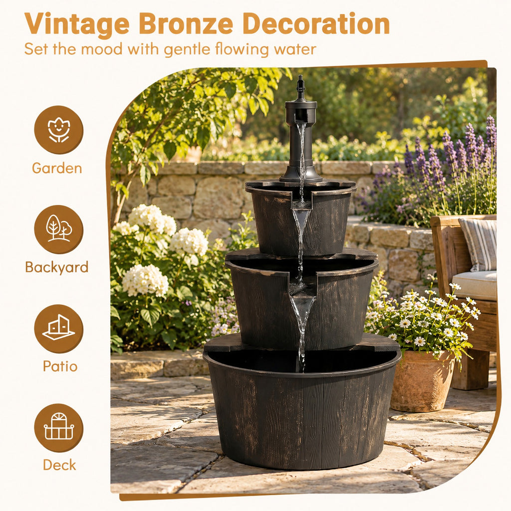 Airfind 3-Tier Outdoor Barrel Waterfall Fountain with Electric Pump, PP Metal Frame, 24 x 21 x 37 Footprint, Bronze Black