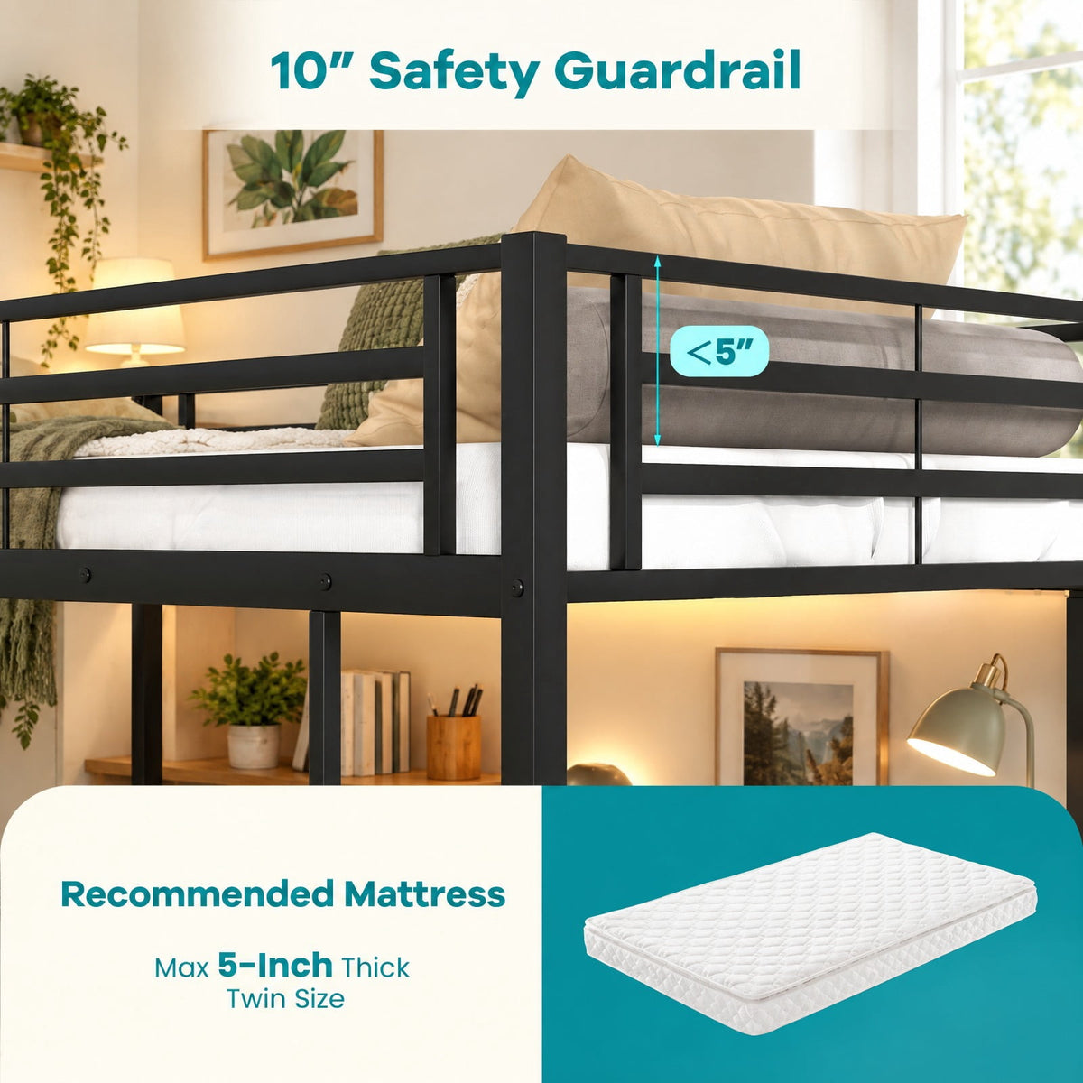 Airfind Twin Size Loft Bed Raised Platform Bed with Desk and 2 Storage Shelves, 440 lbs Capacity, MDF Metal Frame, 78 x 41.5 x 71 Footprint