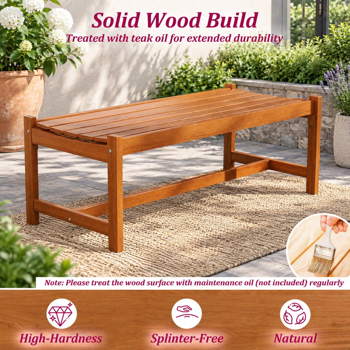 Airfind 44 Patio Wood Bench Set of 1 Outdoor Solid Hardwood Dining Bench with Teak Oil Finish, 530 lbs Capacity, Hardwood Frame, Wood