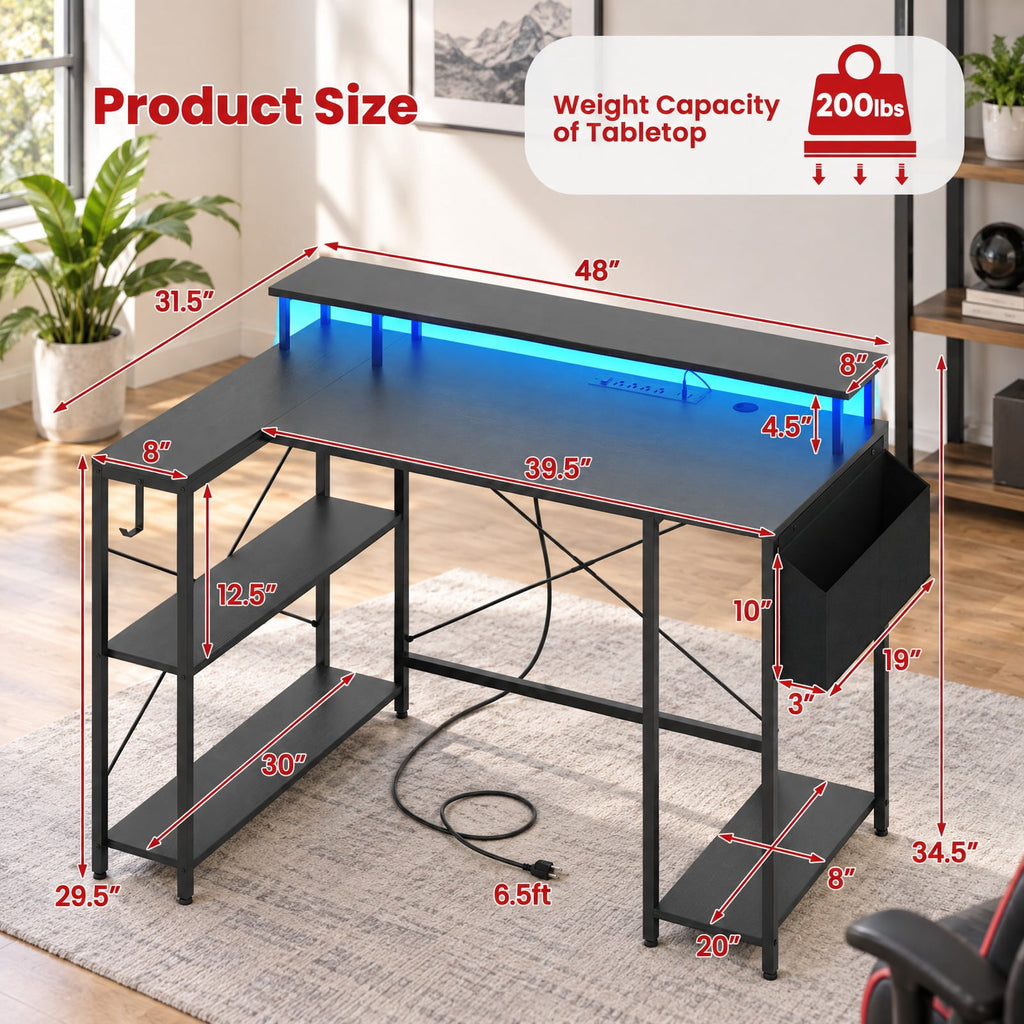 Airfind L-Shaped Gaming Desk with LED Lights and Power Outlets, 200 lbs Capacity, Engineered Wood Metal Frame, 48 x 31.5 x 34.5 Footprint, Black