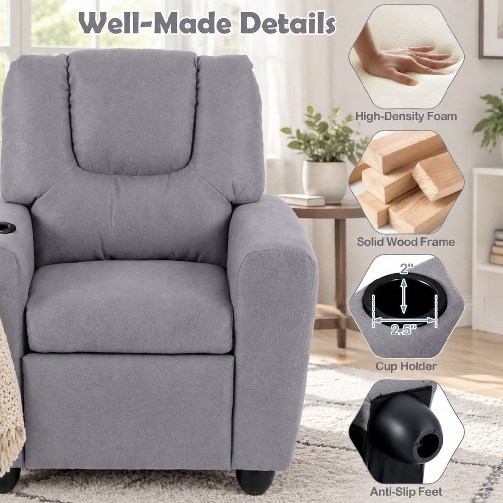 Airfind Kids Recliner Chair Push Back Toddler Reclining Armchair with Cup Holder, 150 lbs Capacity, Wood Frame, for 3+ years old, Gray