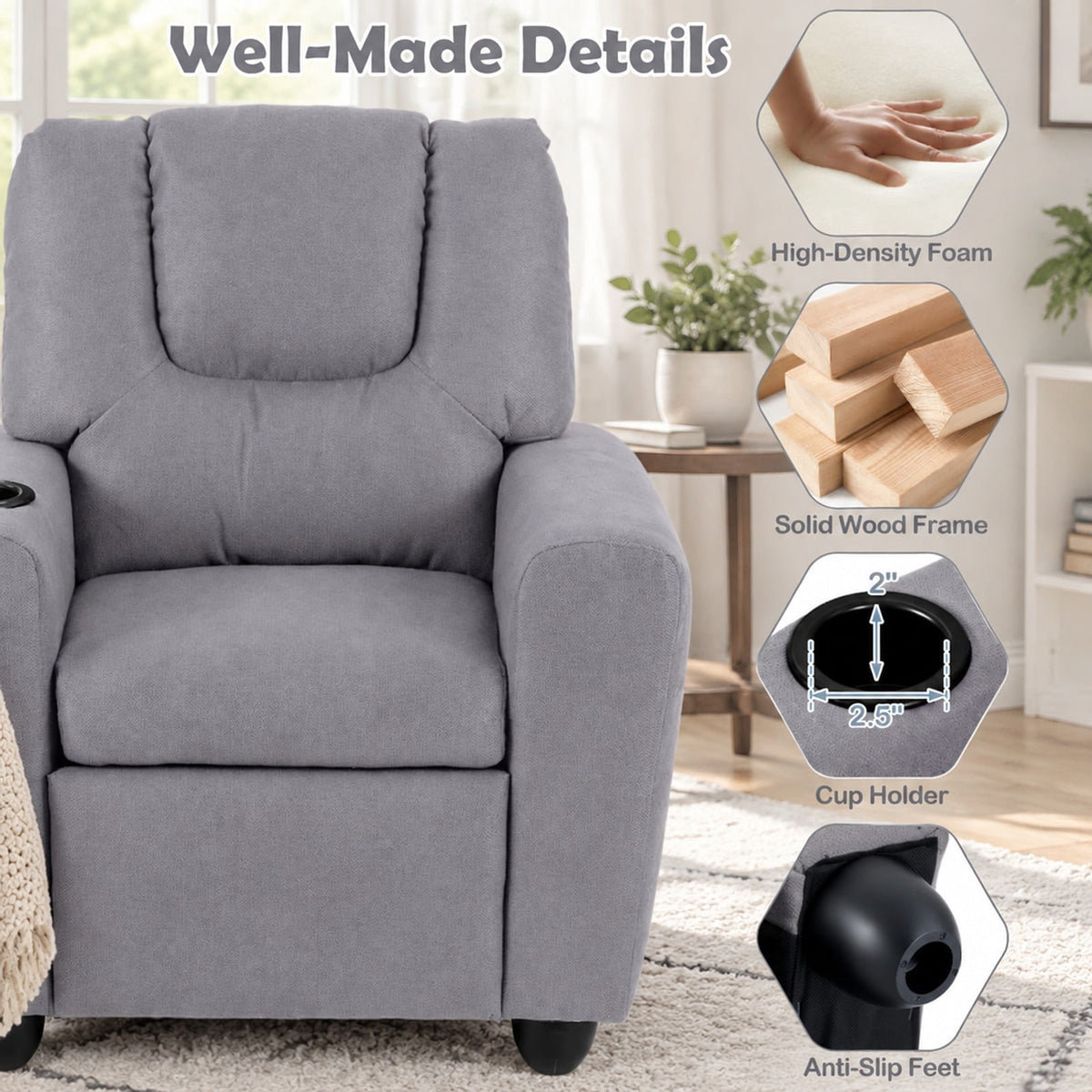 Airfind Kids Recliner Chair Push Back Toddler Reclining Armchair with Cup Holder, 150 lbs Capacity, Wood Frame, for 3+ years old, Gray