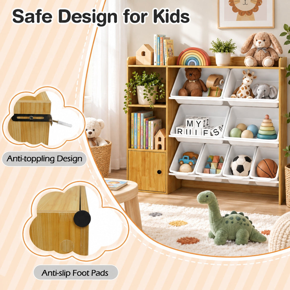 Airfind Kids Toy Storage and Bookshelf with Boxes and Open Shelves, 385 lbs Capacity, Engineered Wood Frame, for 3+ Years Old Total, Beige