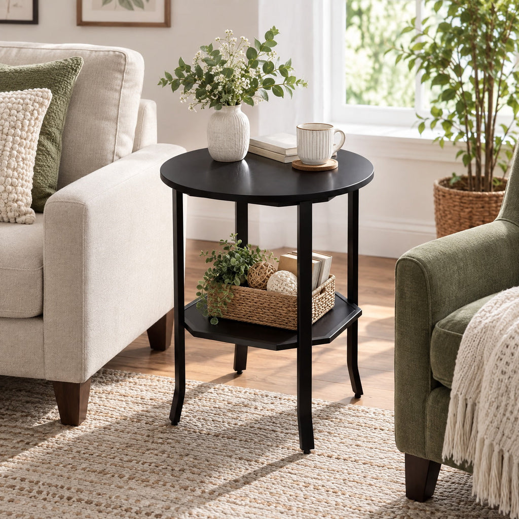 Airfind Round Side Table Small End Table with Storage Shelf 2-Tier Nightstand for Small Space, 90 lbs Capacity, Engineered Wood Carbon Steel Frame