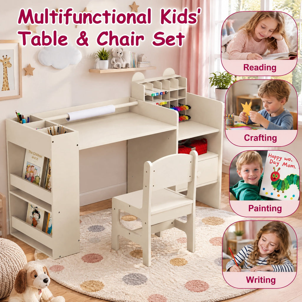 Airfind Kids Art Table and Chair Set with Detachable Paper Roll Holder and Cabinet, 66 lbs Capacity, MDF Frame, for 3+, Natural