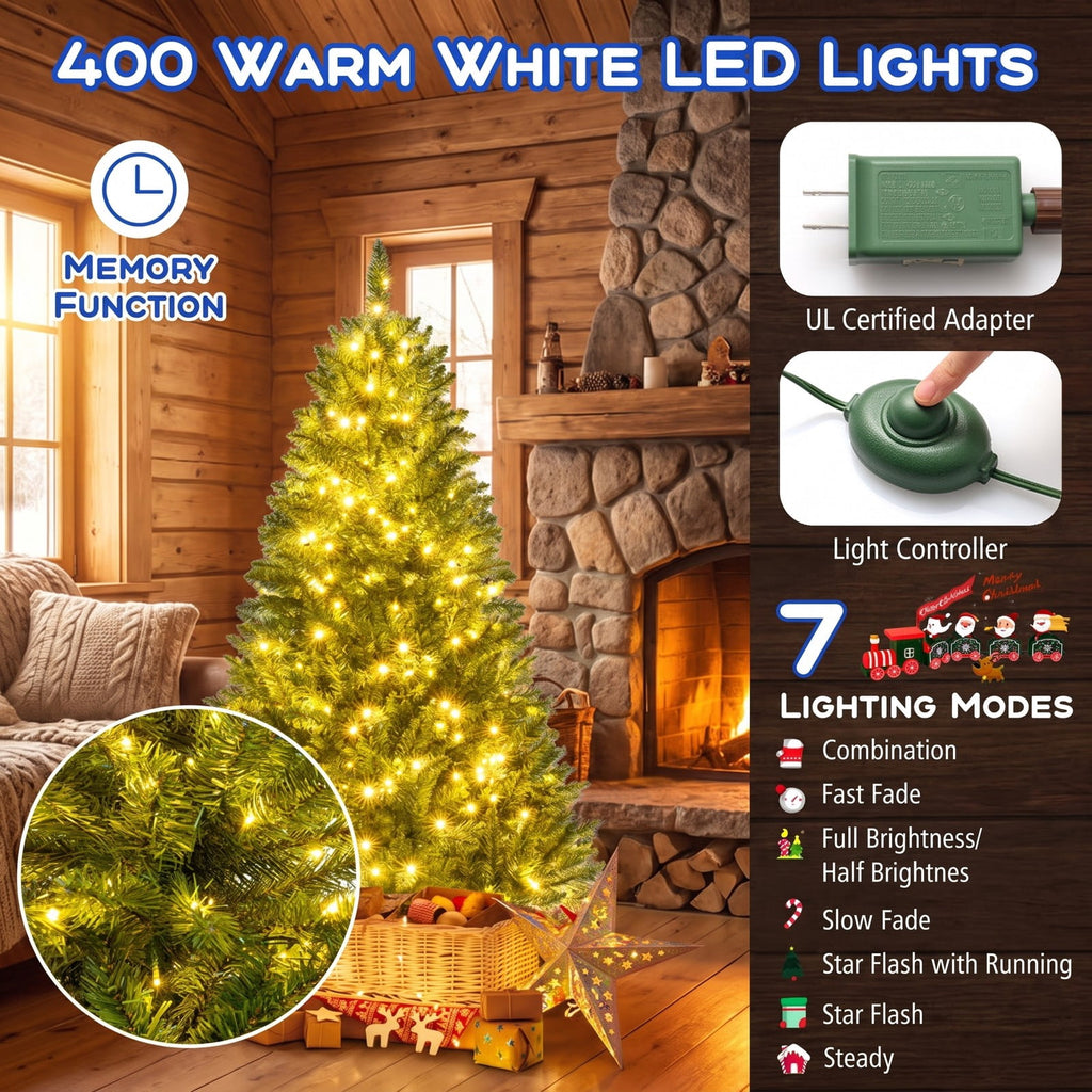 Airfind 5/6/7 Feet Artificial Christmas Tree Hinged Xmas Tree with 7 Lighting Modes-5 Feet, Green, Diameter of Stand 18in/18in/22in