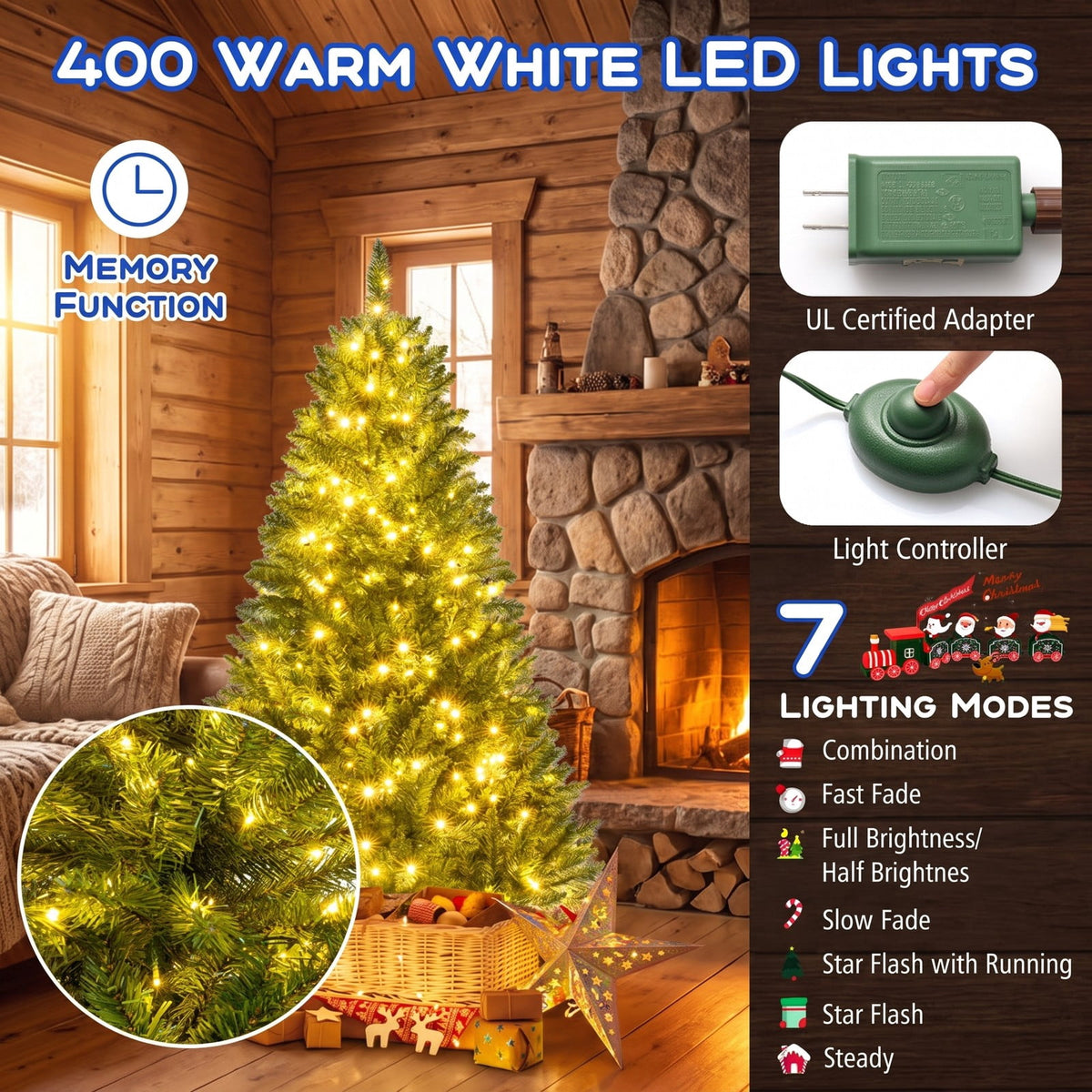 Airfind 5/6/7 Feet Artificial Christmas Tree Hinged Xmas Tree with 7 Lighting Modes-5 Feet, Green, Diameter of Stand 18in/18in/22in