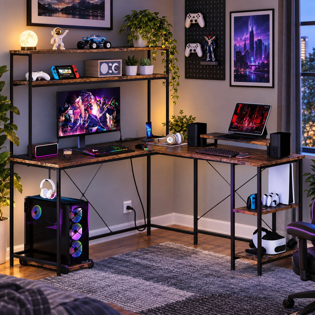Airfind L-Shaped Reversible Gaming Desk with LED Strip and Power Outlets Hutch Monitor Stand, 310 lbs Capacity, Engineered Wood Metal Frame, Brown