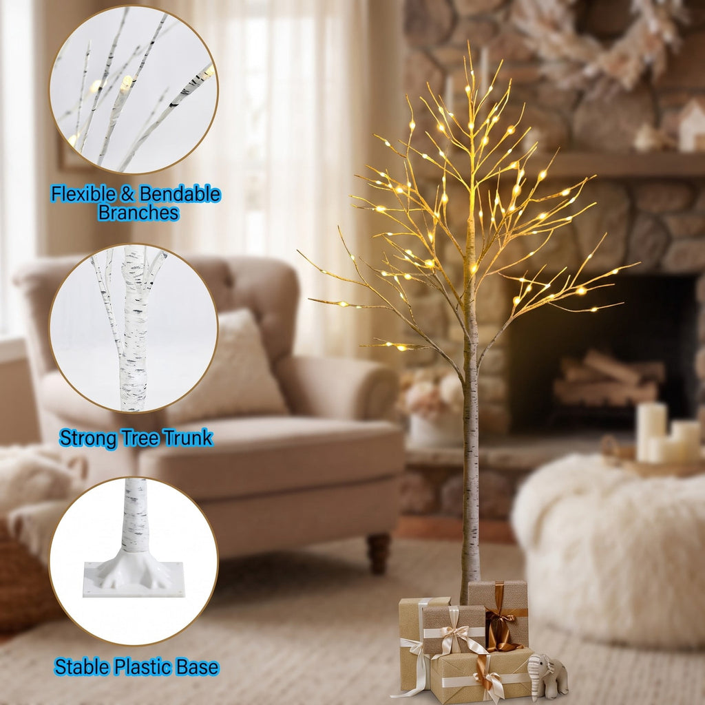 Airfind 5 Feet Pre-lit White Twig Birch Tree with 72 LED Lights for Christmas, metal plastic Height: 5 FT Frame, 8 Inch x 8 Inch Rated input Footprint