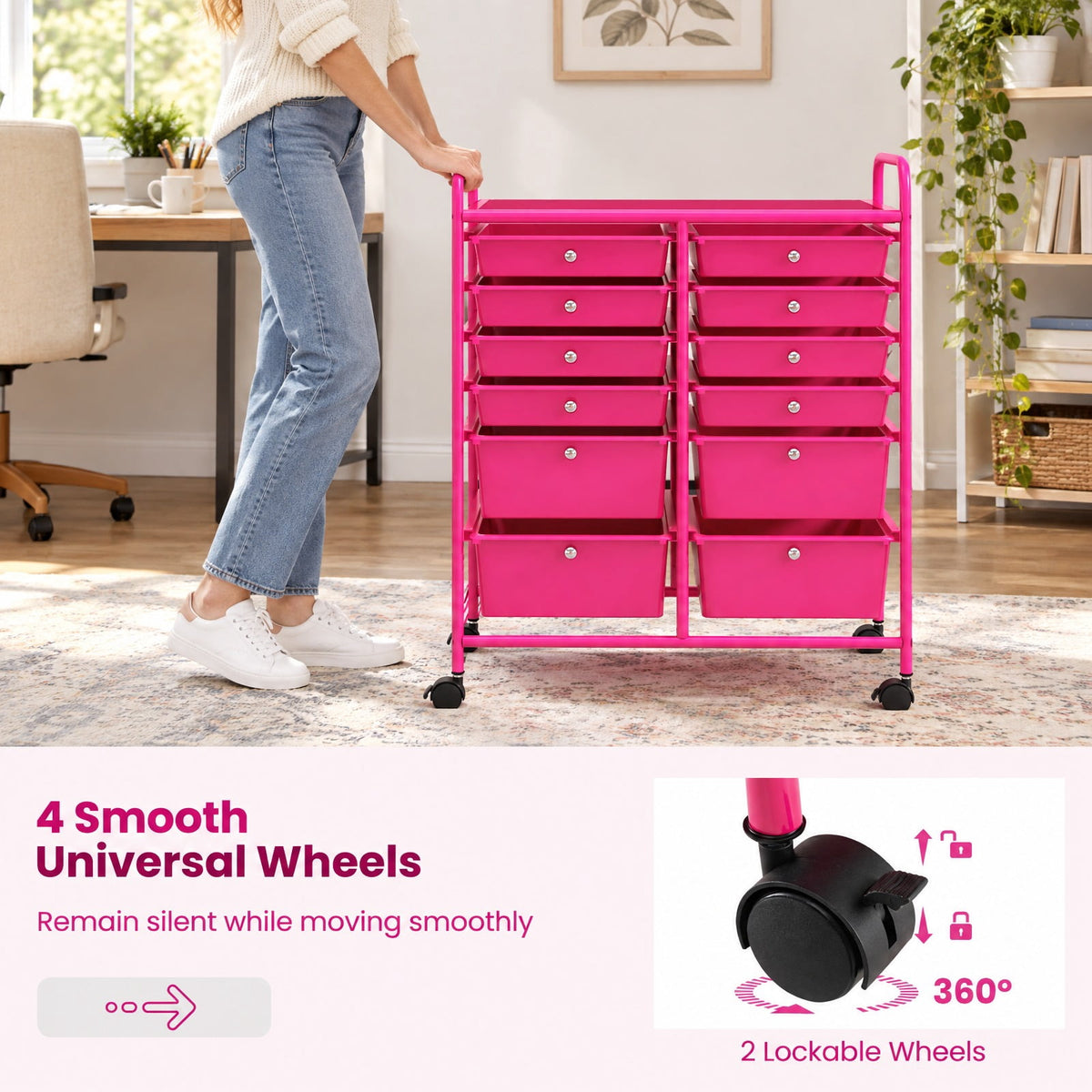 Airfind 12, Drawer Rolling Storage Cart with Removable Drawers and Lockable Wheels, Rose Red, Heavy, duty metal frame ensures excellent stability