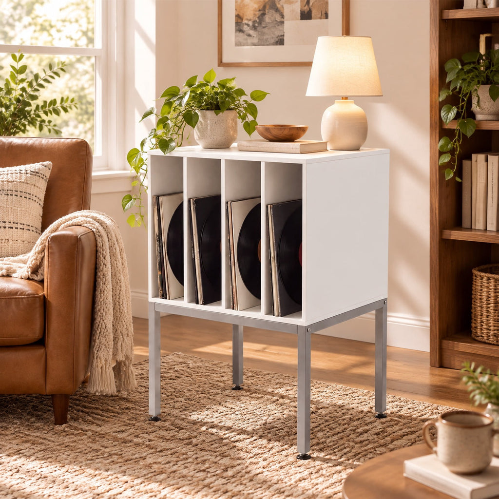 Airfind Turntable Record Player Stand with Power Outlets, 88 lbs Capacity, Engineered Wood Metal MDF Frame, 20 x 16 x 32 Footprint, White