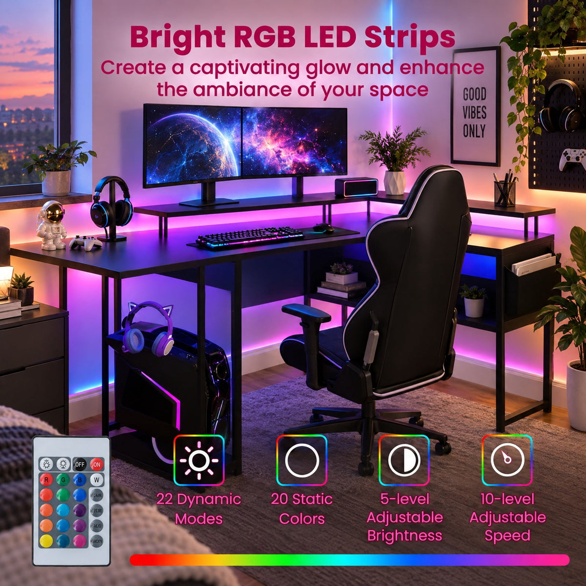 Airfind L-Shaped Gaming Desk with LED Lights and Power Outlets Home Office Computer Desk, 200 lbs Capacity, Engineered Wood Metal Frame, Black