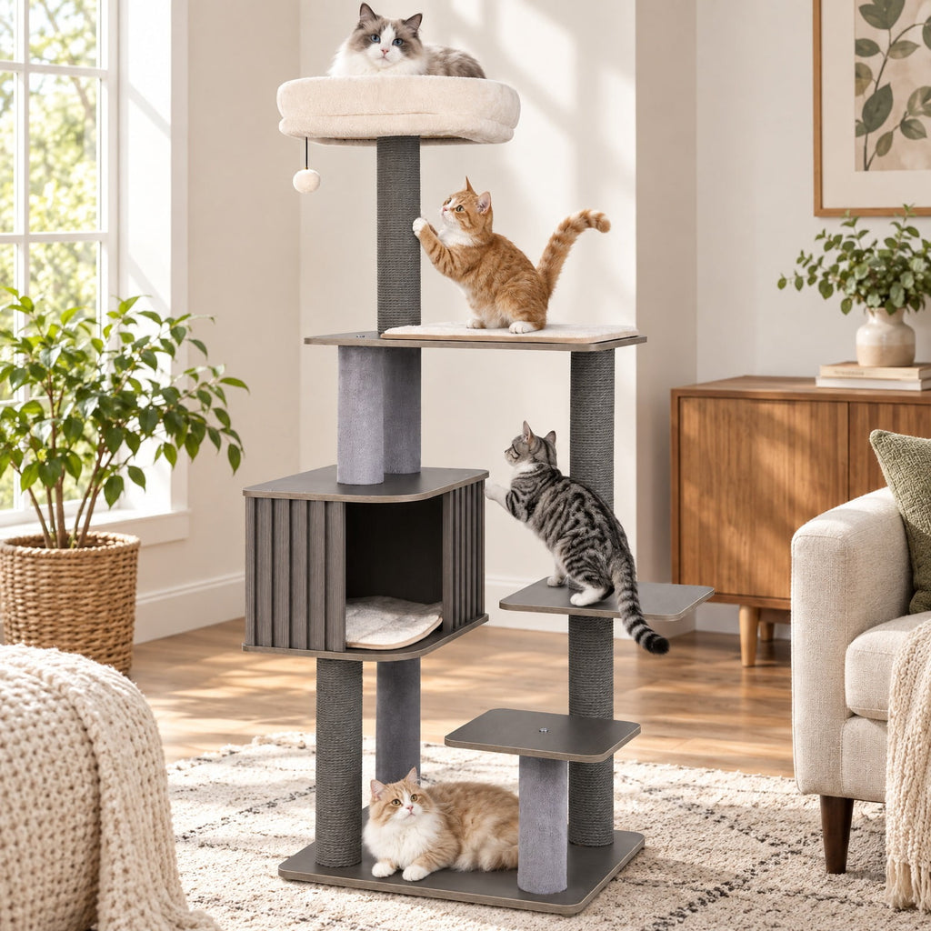 Airfind Multi-level Cat Tree for Indoor Cat 59.5 inch Tall Cat Tower with Cushion Top Perch, 23 Inch x 19 Inch Cat Condo Footprint, Gray